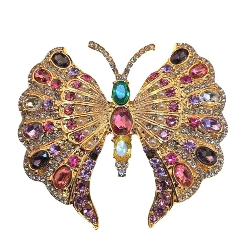 Butterfly Brooch Pin Gold Tone Rhinestone Jewel Tone‎ Statement Jewelry